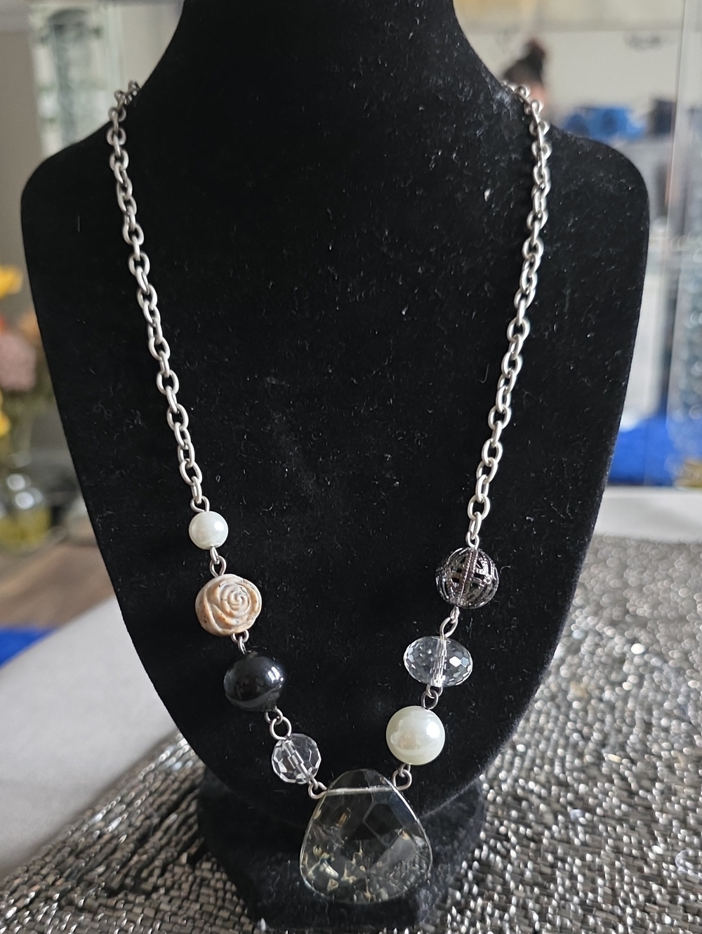 Silver Chain Necklace with Clear Pendant and Mixed Beads